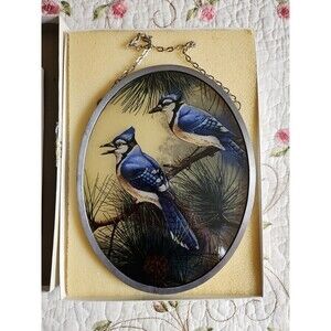 Pair of Blue Jay's Oval Glass Sun Catcher by Glass Masters 1989